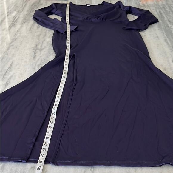 Navy Blue Purple Long Sleeve Gown with Cross V-Neck Extra Long Slit Bodycon - Picture 9 of 12